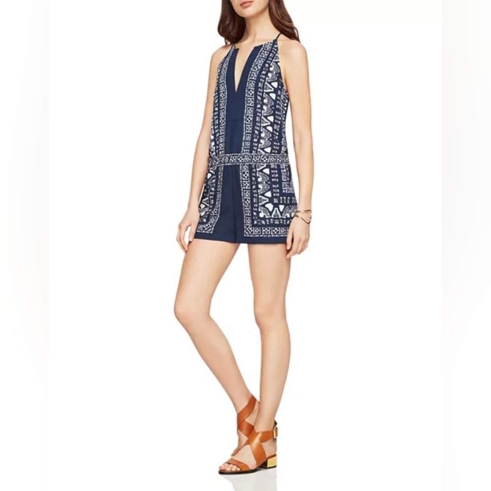 BCBGMAXAZRIA Tyra Scarf-Print  Romper Navy Blue Nwot XS